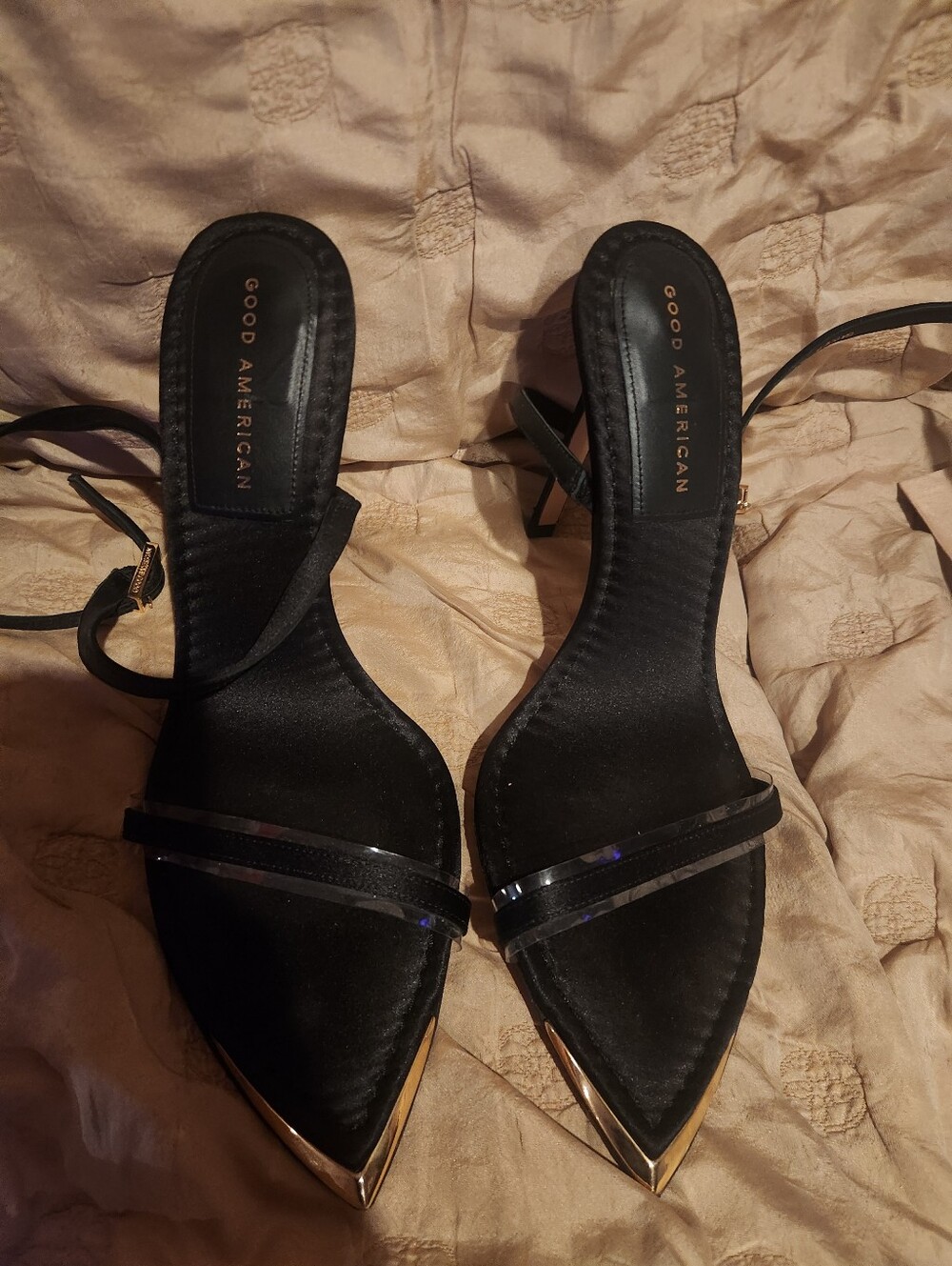 Good American Black Pointed Toe Slingback Heels with Gold Cap